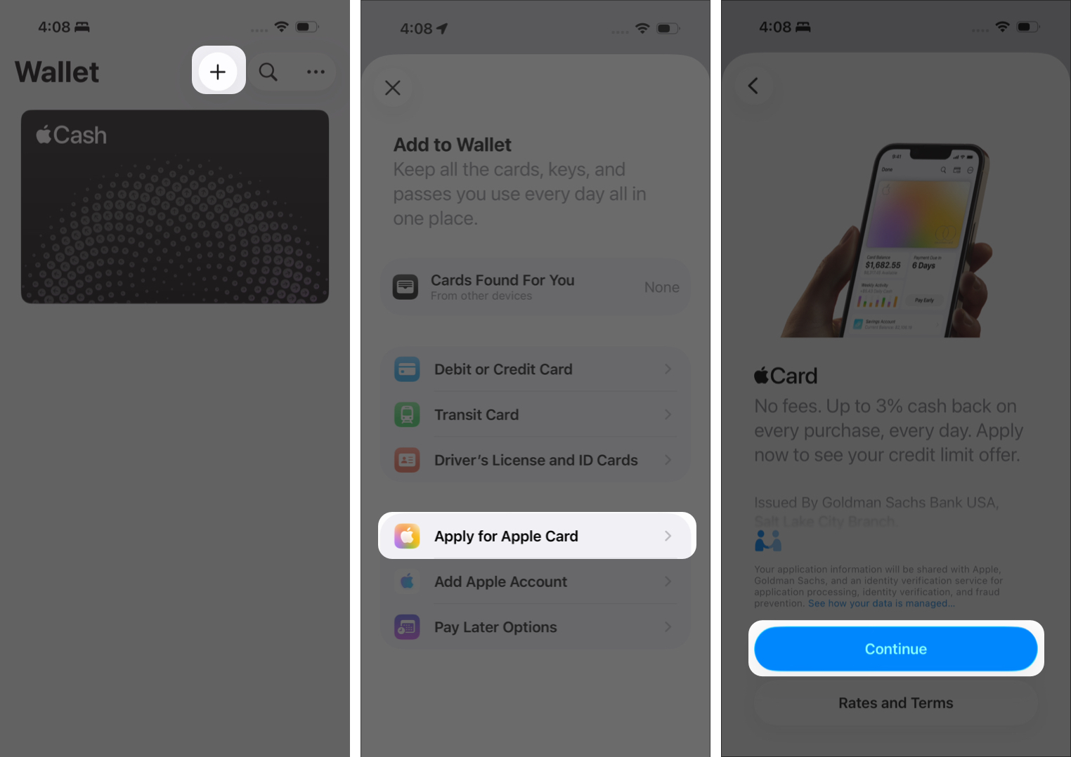 Open Wallet, tap +, select Apple Card, and tap Continue to start your application