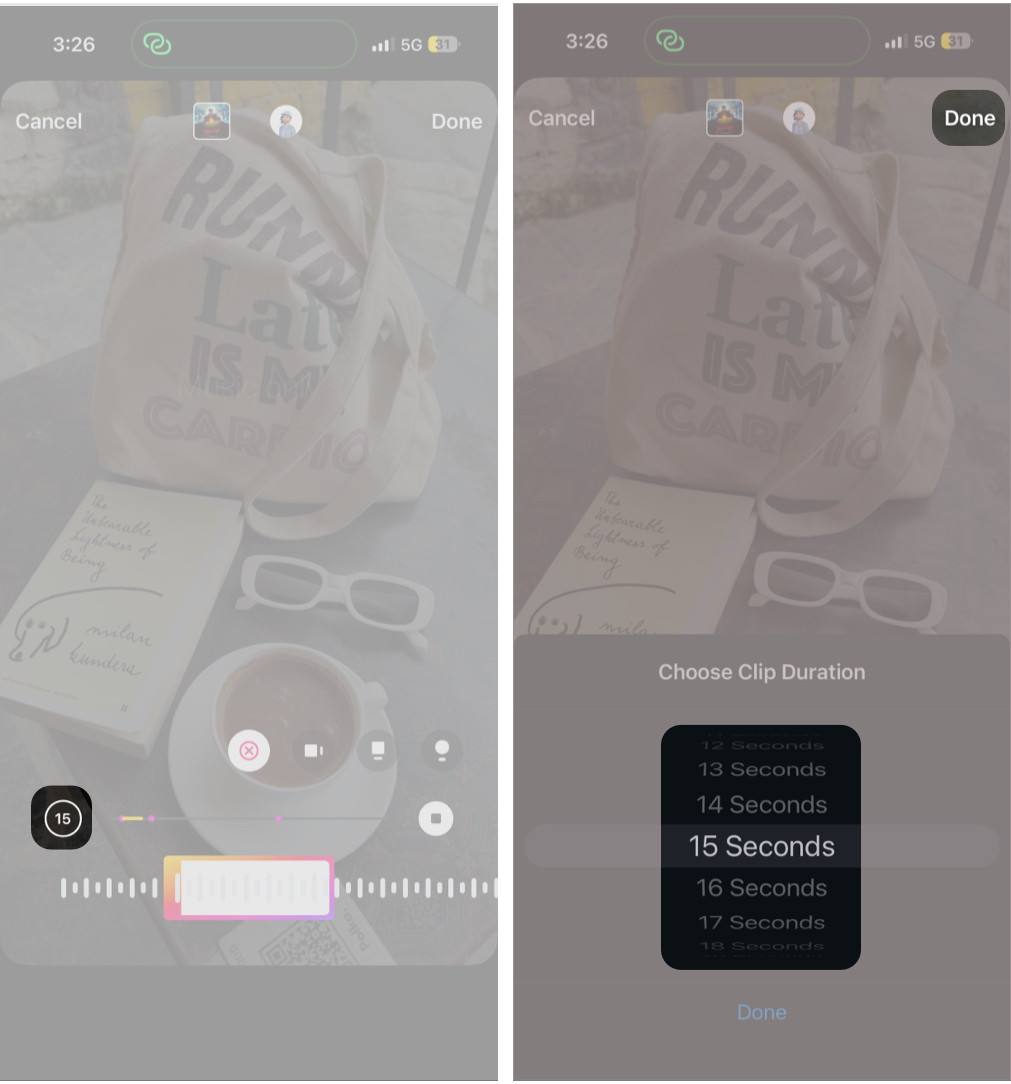 Selecting track and setting timer for an Instagram story as your timeline.
