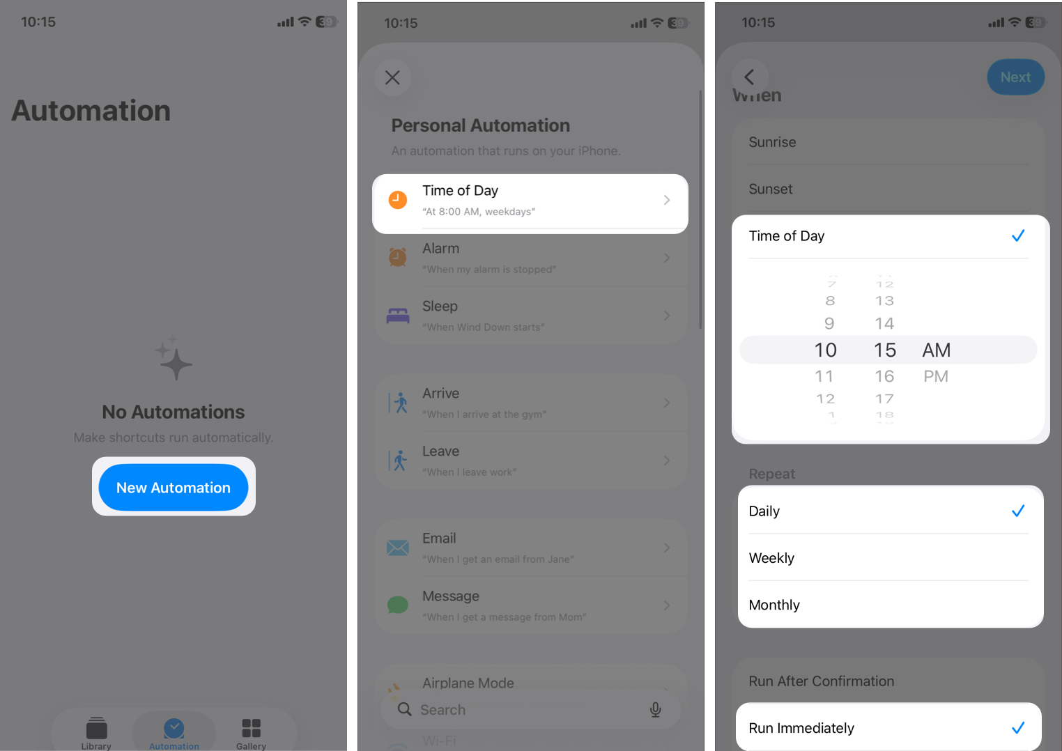 Tap New Automation, Choose Time of Day, and Set Your Desired Date and Time.