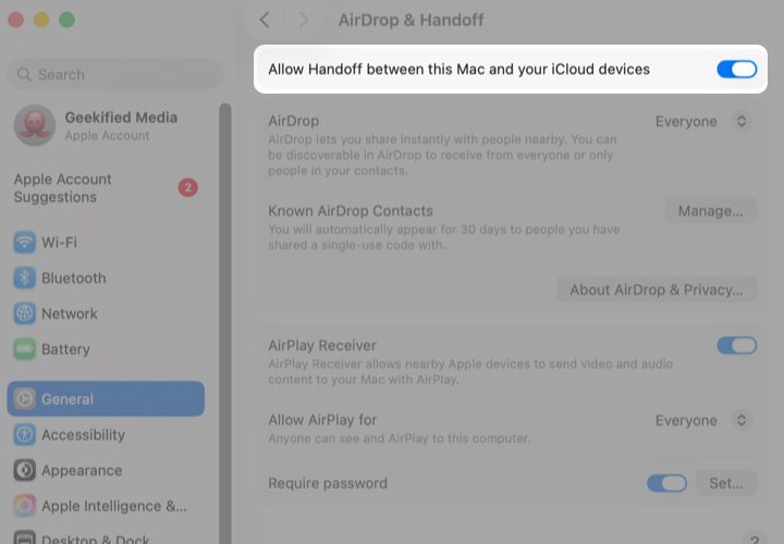 Toggle on Allow Handoff between this Mac and your iCloud devices